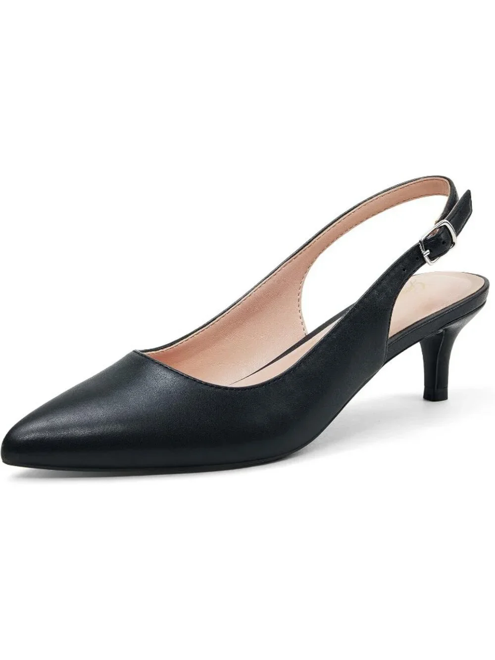 Women's Solid Black Slingback Pump Pointed Closed Toe Low Kitten Heel Shoes